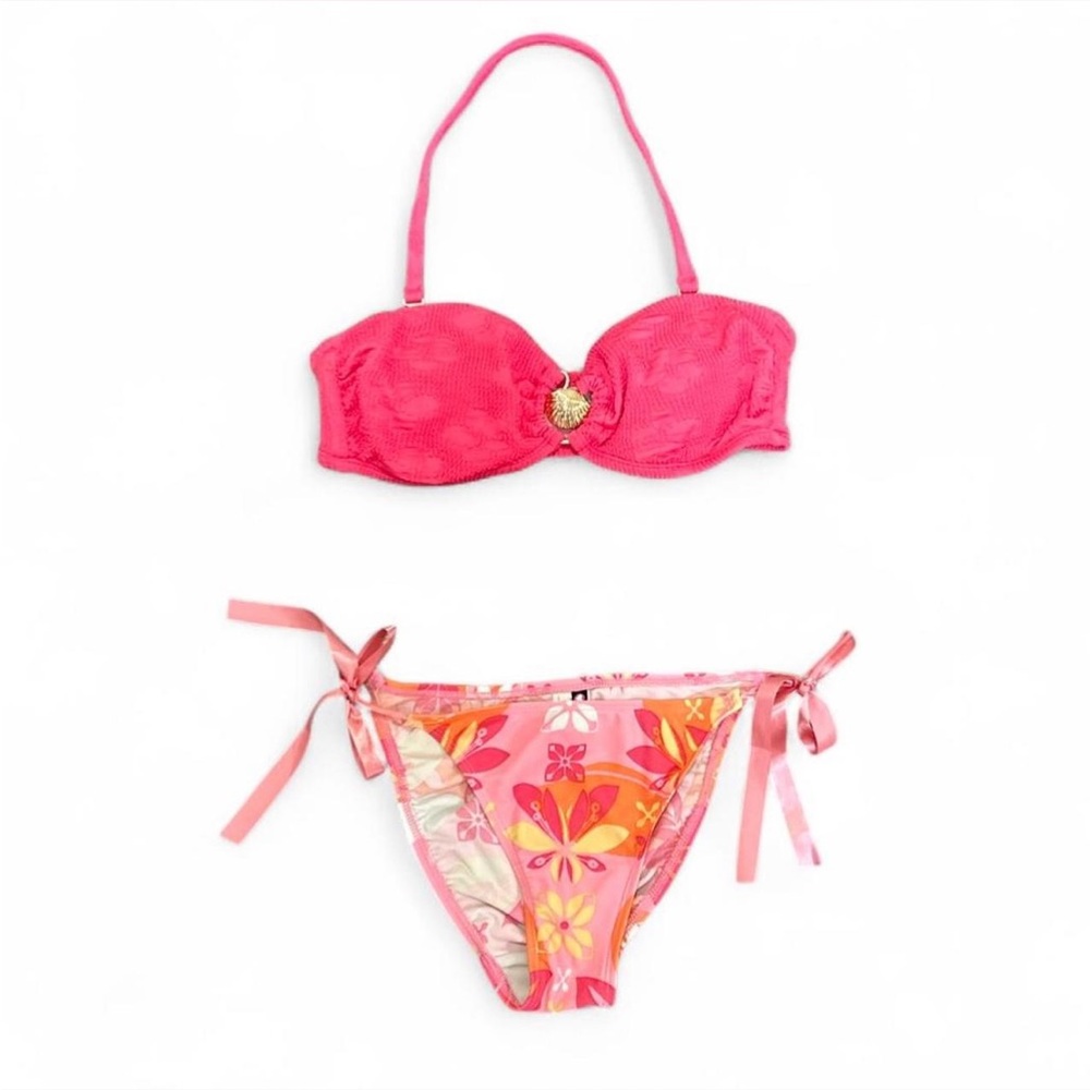 XOXO Pink and Orange Floral Bikini Bottoms with Satin Ties
